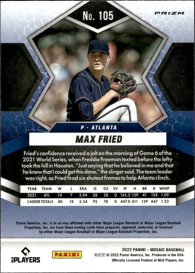 2022 Panini Mosaic Max Fried #105 baseball trading card back