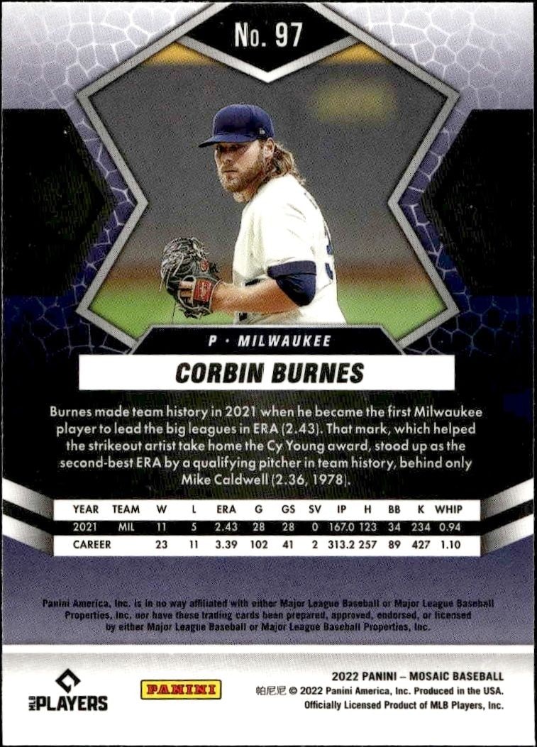 2022 Panini Mosaic Corbin Burnes #97 baseball trading card back
