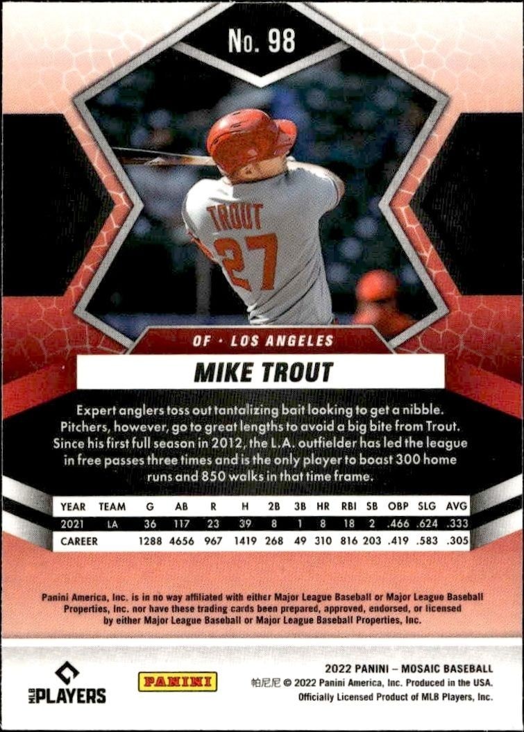 2022 Panini Mosaic Mike Trout #98 baseball trading card back