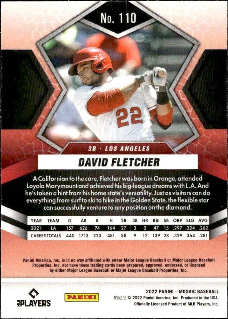 2022 Panini Mosaic David Fletcher #110 baseball trading card back