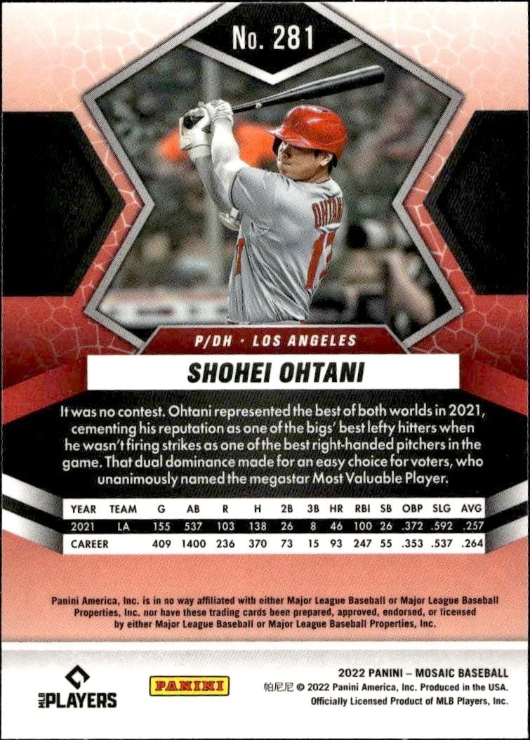 2022 Panini Mosaic Shohei Ohtani #281 baseball trading card back
