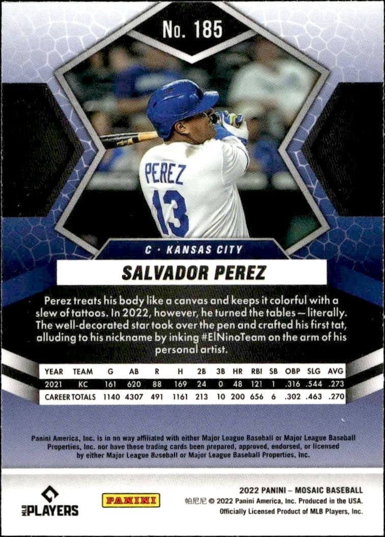 2022 Panini Mosaic Salvador Perez #185 baseball trading card back