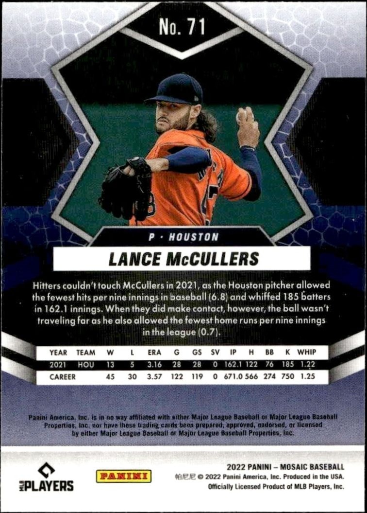 2022 Panini Mosaic Lance McCullers #71 baseball trading card back