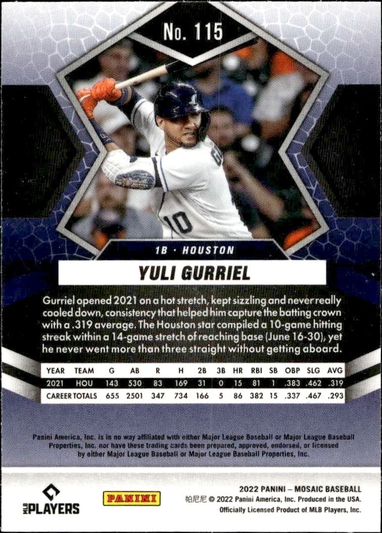 2022 Panini Mosaic Yuli Gurriel #115 baseball trading card back