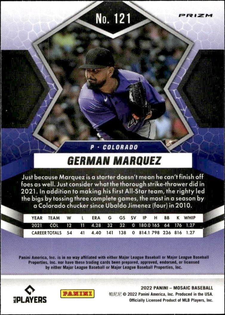 2022 Panini Mosaic German Marquez #121 baseball trading card back