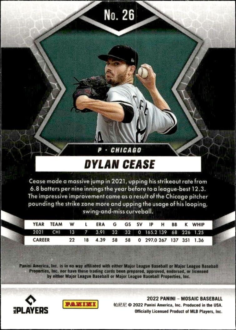 2022 Panini Mosaic Dylan Cease #26 baseball trading card back