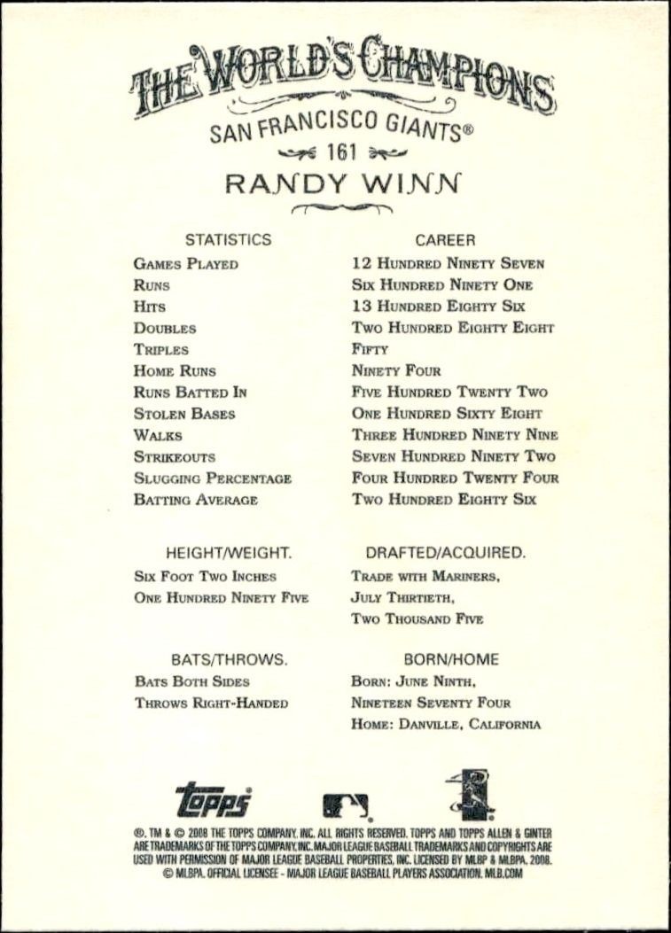 2008 Topps Allen & Ginter Randy Winn #161 baseball trading card back