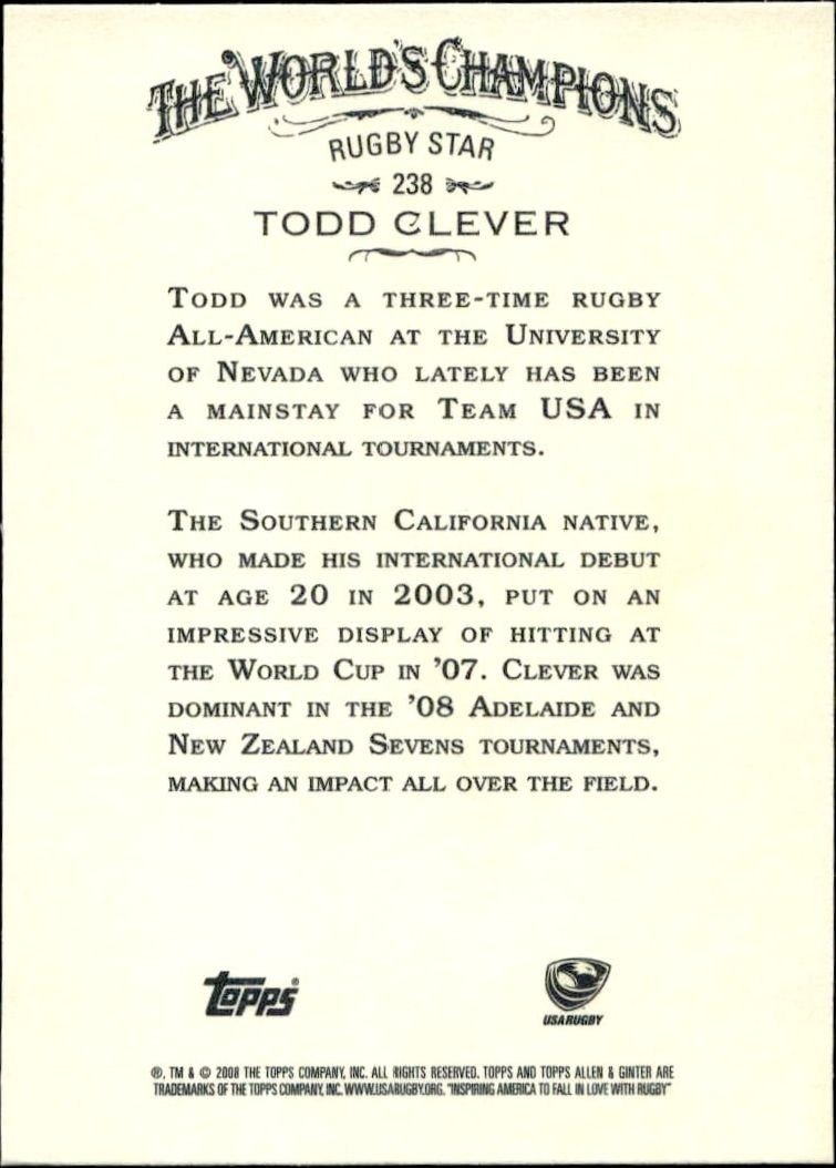 2008 Topps Allen & Ginter Todd Clever #238 baseball trading card back