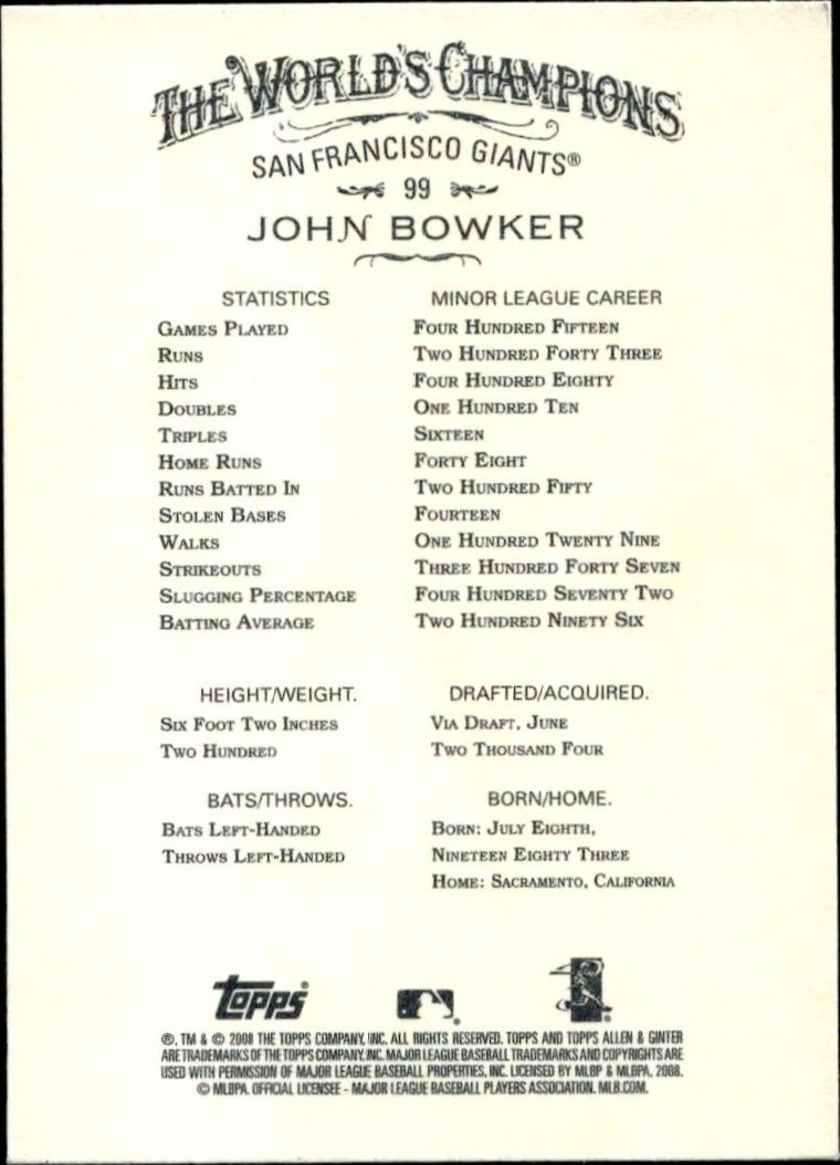 2008 Topps Allen & Ginter John Bowker #99 baseball trading card back