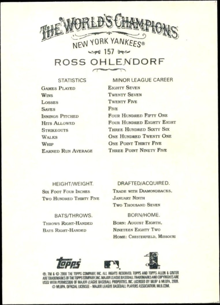 2008 Topps Allen & Ginter Ross Ohlendorf #157 baseball trading card back
