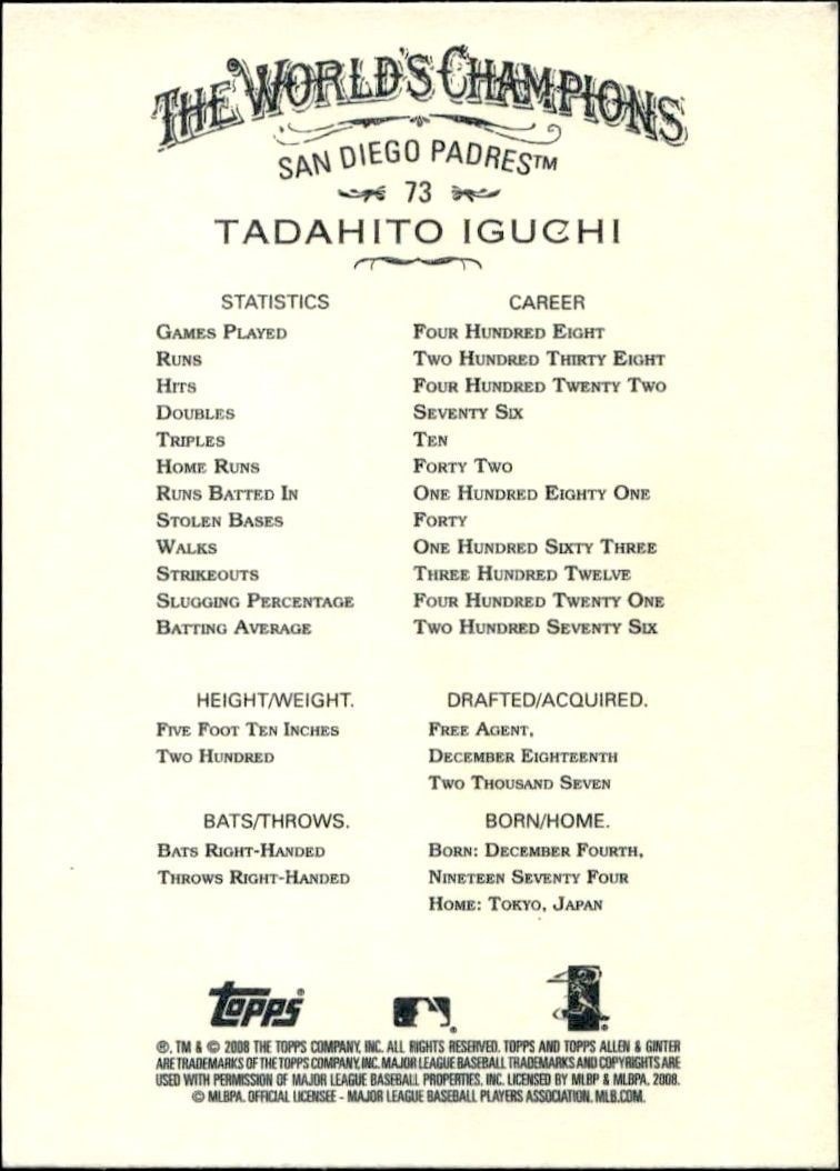 2008 Topps Allen & Ginter Tadahito Iguchi #73 baseball trading card back
