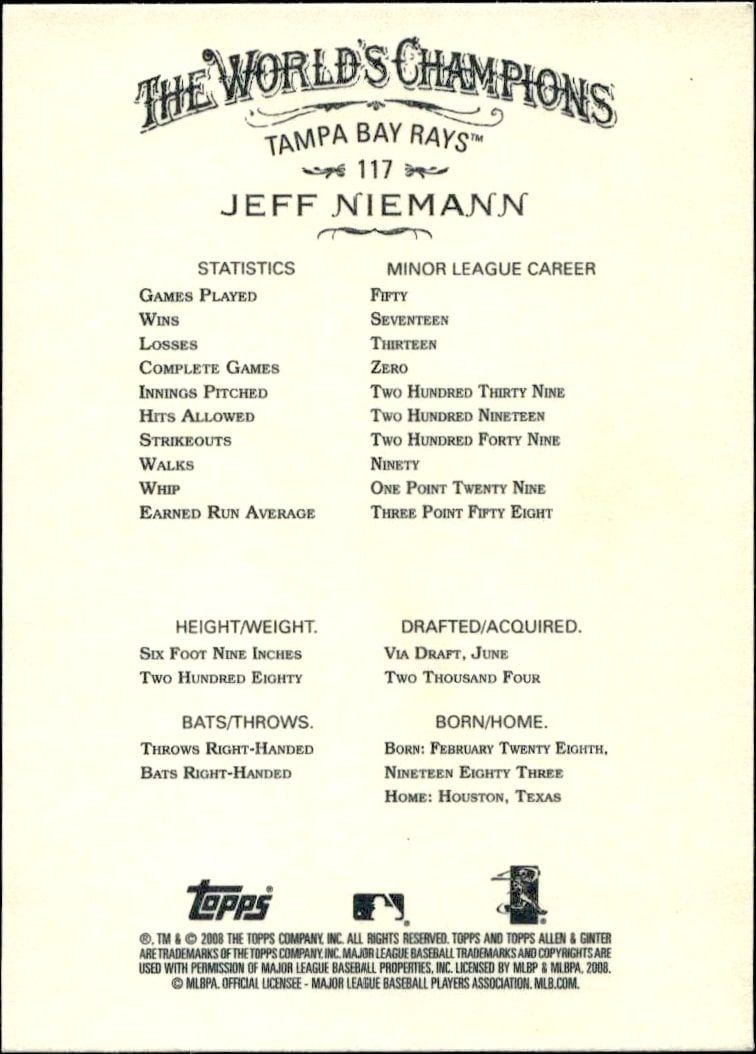 2008 Topps Allen & Ginter Jeff Niemann #117 baseball trading card back