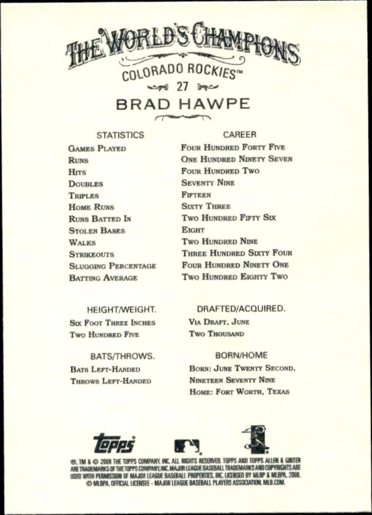 2008 Topps Allen & Ginter Brad Hawpe #27 baseball trading card back