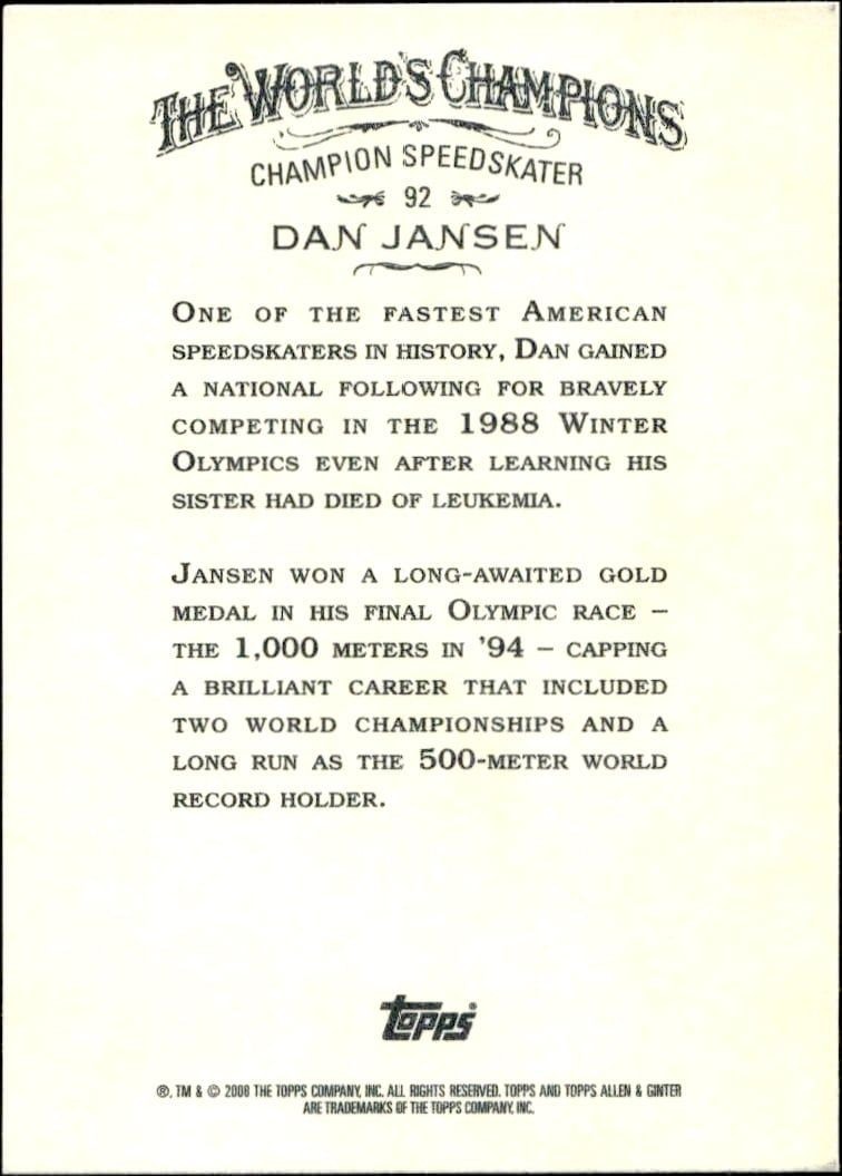 2008 Topps Allen & Ginter Dan Jansen #92 baseball trading card back