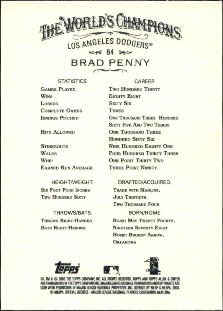 2008 Topps Allen & Ginter Brad Penny #64 baseball trading card back