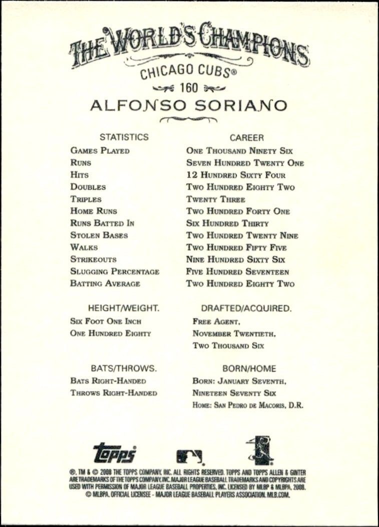 2008 Topps Allen & Ginter Alfonso Soriano #160 baseball trading card back