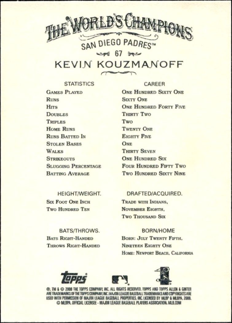 2008 Topps Allen & Ginter Kevin Kouzmanoff #67 baseball trading card back