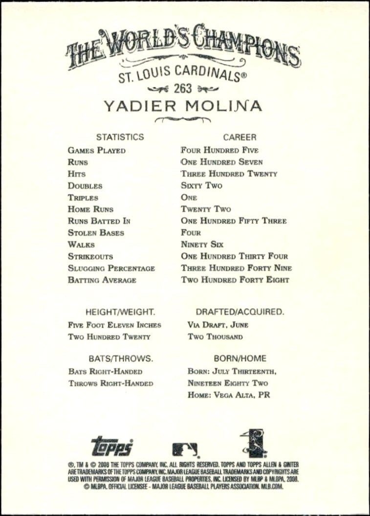 2008 Topps Allen & Ginter Yadier Molina #263 baseball trading card back