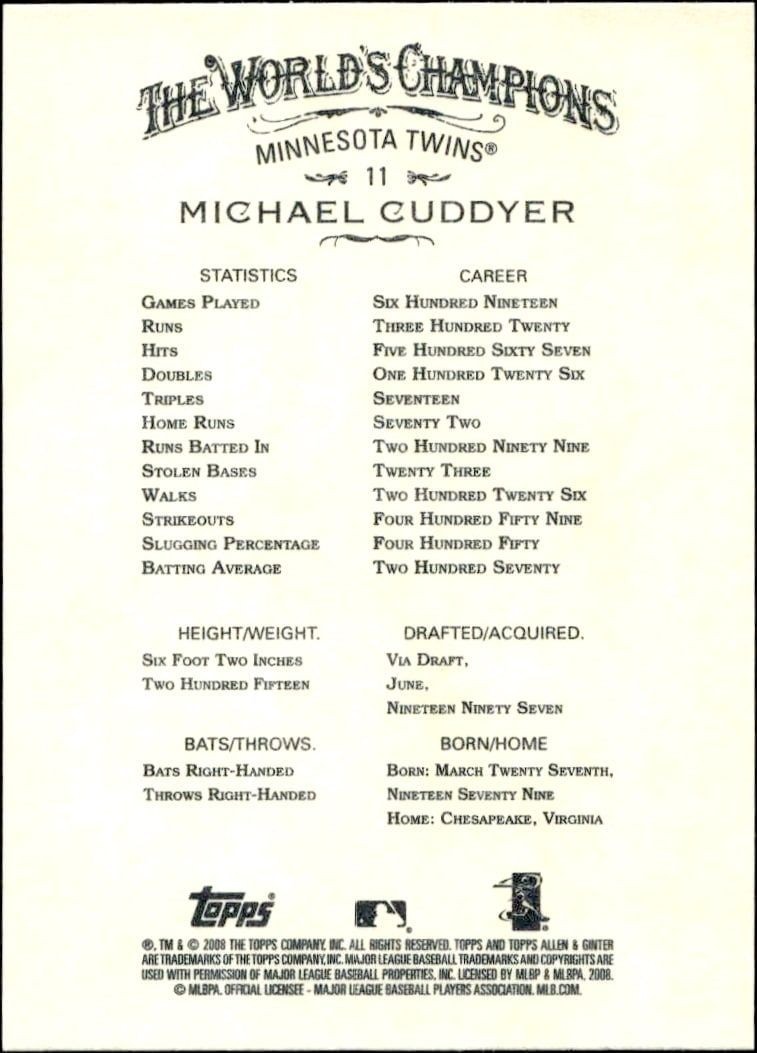 2008 Topps Allen & Ginter Michael Cuddyer #11 baseball trading card back