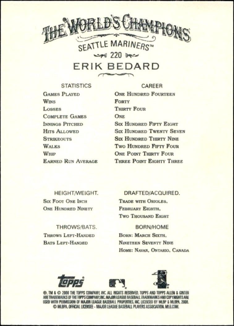 2008 Topps Allen & Ginter Erik Bedard #220 baseball trading card back