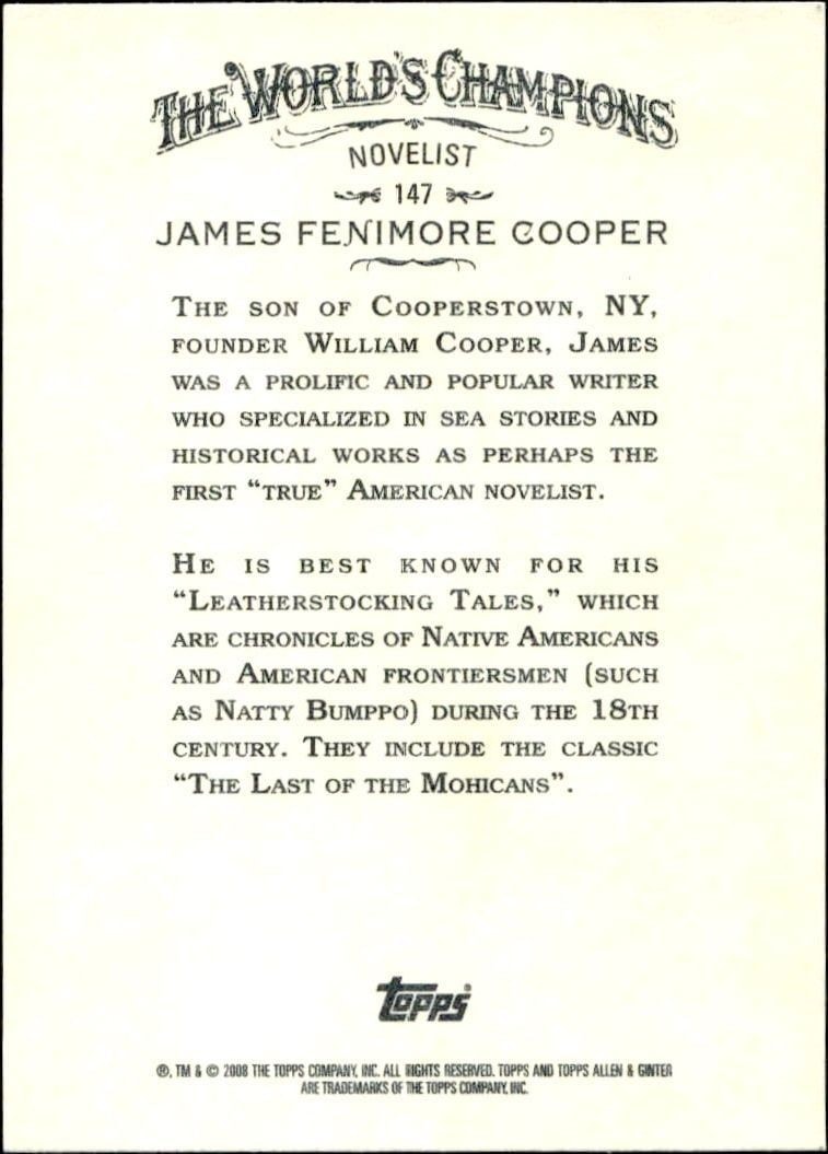 2008 Topps Allen & Ginter James Fenimore Cooper #147 baseball trading card back