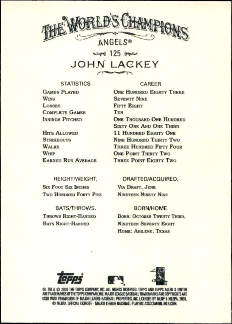 2008 Topps Allen & Ginter John Lackey #125 baseball trading card back