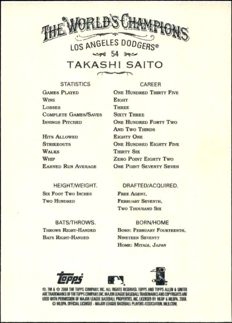 2008 Topps Allen & Ginter Takashi Saito #54 baseball trading card back