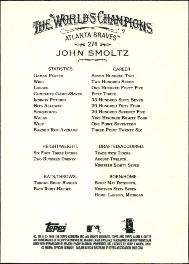 2008 Topps Allen & Ginter John Smoltz #274 baseball trading card back