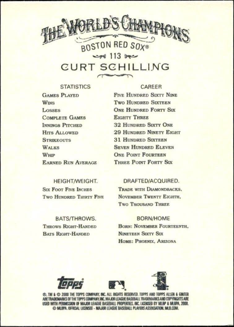 2008 Topps Allen & Ginter Curt Schilling #113 baseball trading card back