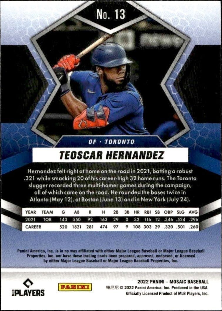 2022 Panini Mosaic Teoscar Hernandez #13 baseball trading card back