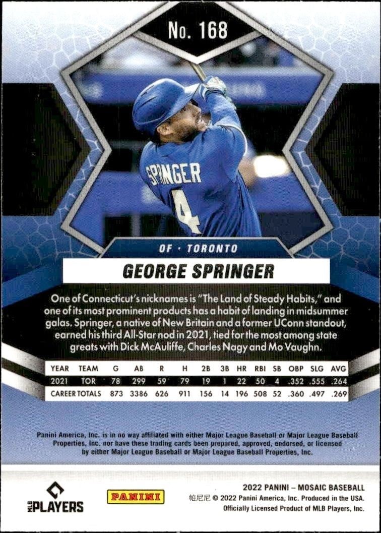 2022 Panini Mosaic George Springer #168 baseball trading card back