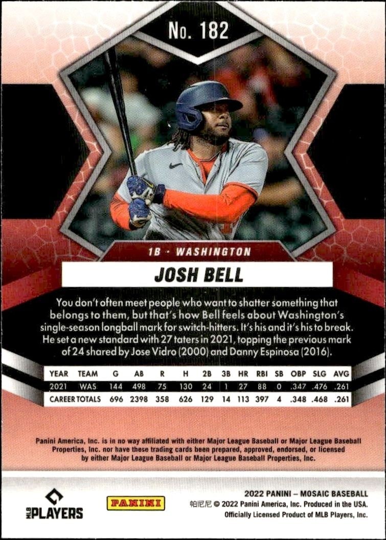2022 Panini Mosaic Josh Bell #182 baseball trading card back