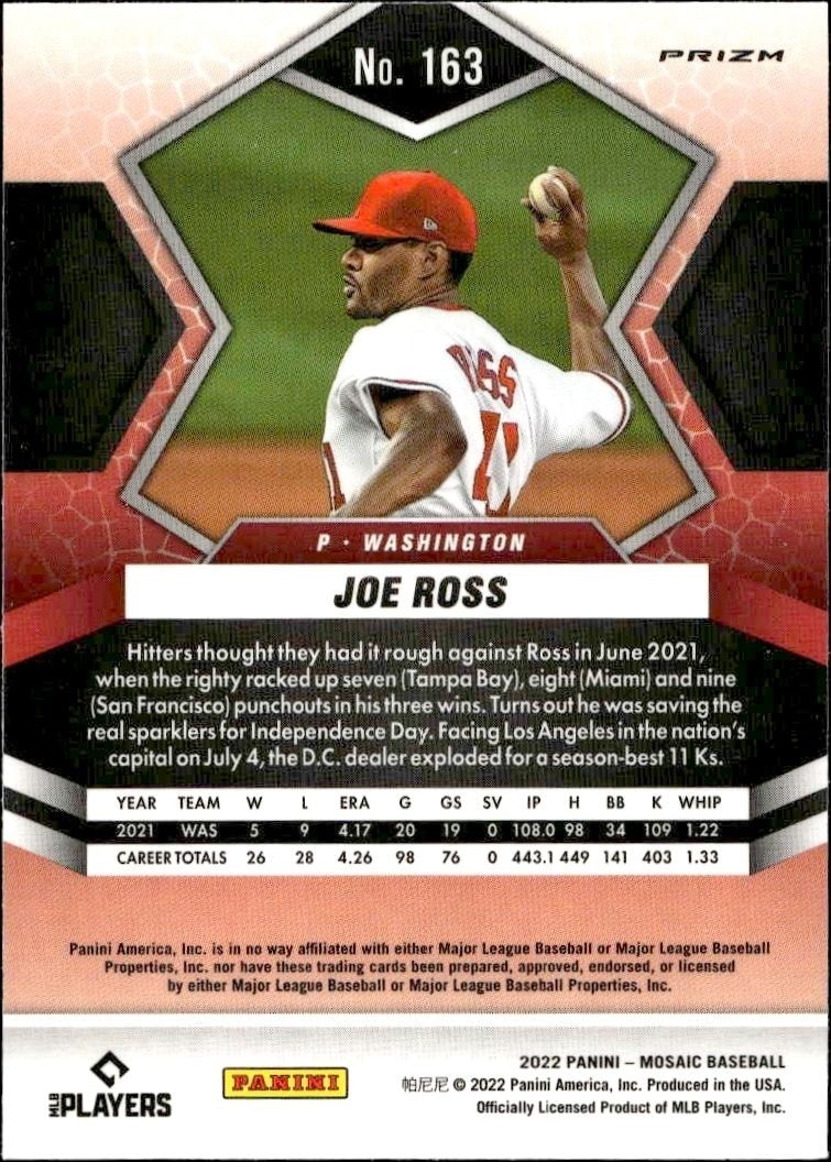 2022 Panini Mosaic Joe Ross #163 baseball trading card back