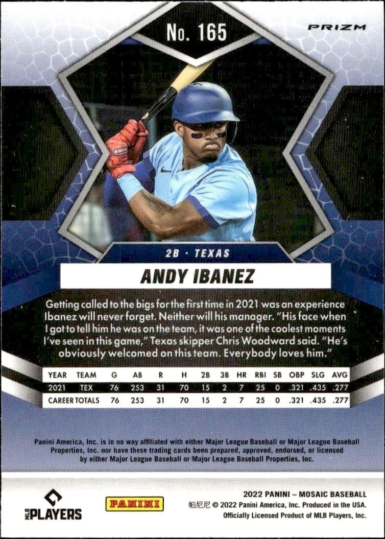 2022 Panini Mosaic Andy Ibanez #165 baseball trading card back
