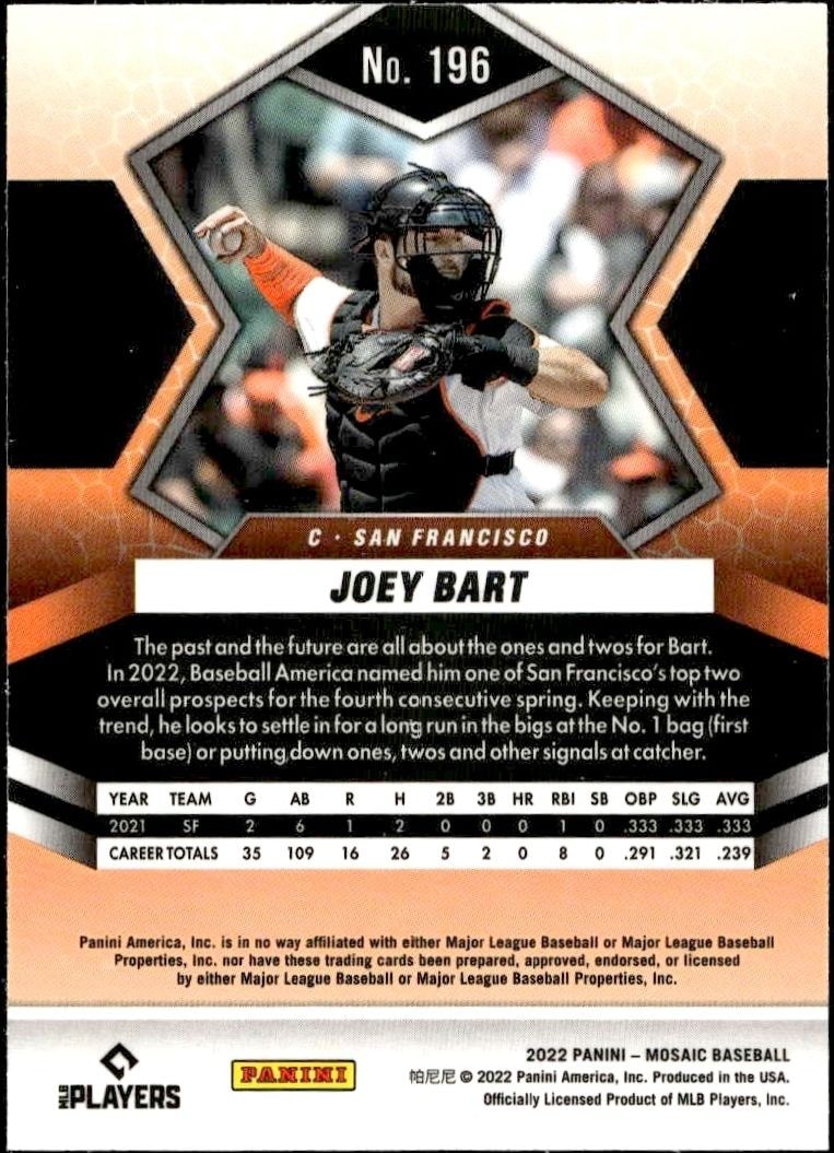 2022 Panini Mosaic Joey Bart #196 baseball trading card back