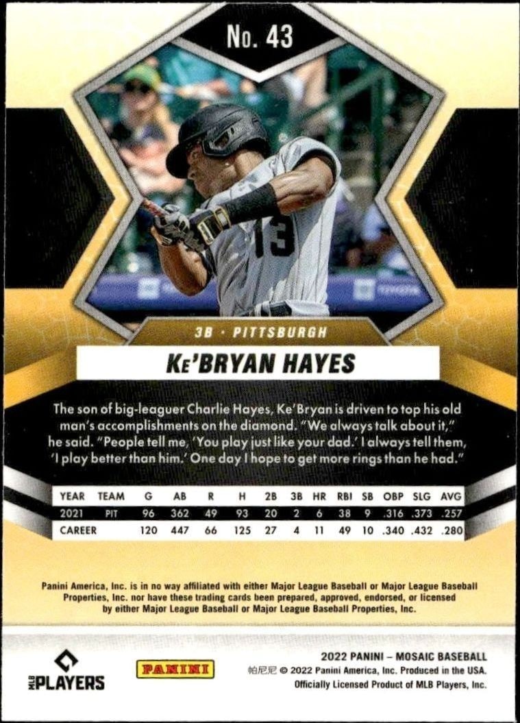 2022 Panini Mosaic Ke'Bryan Hayes #43 baseball trading card back