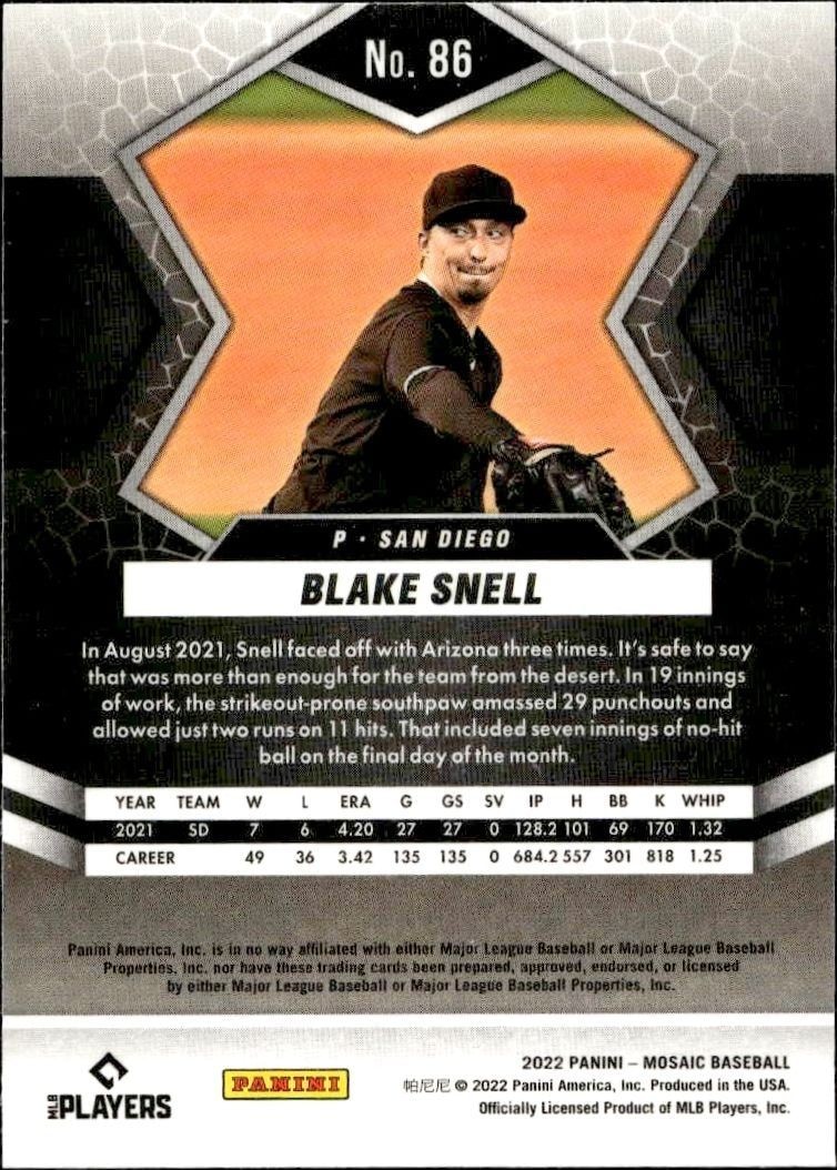 2022 Panini Mosaic Blake Snell #6 baseball trading card back