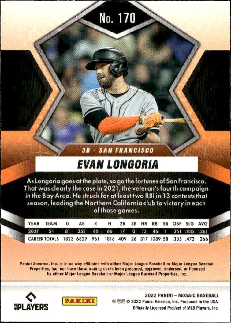 2022 Panini Mosaic Evan Longoria #170 baseball trading card back