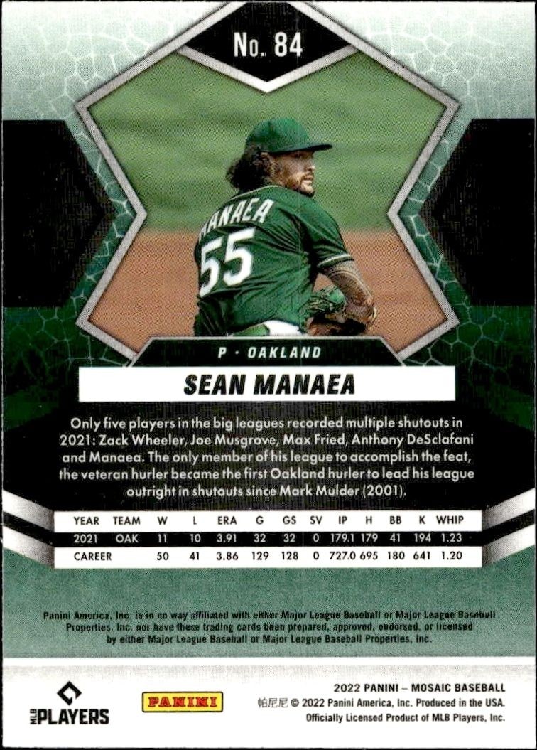 2022 Panini Mosaic Sean Manaea #84 baseball trading card back