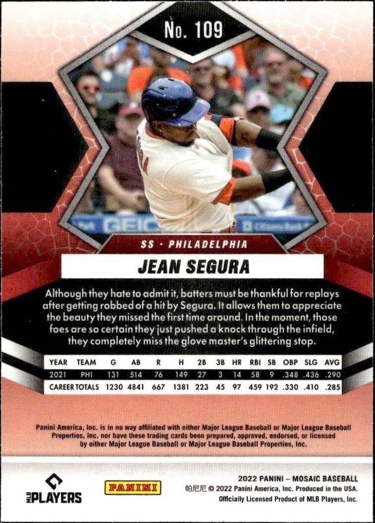 2022 Panini Mosaic Jean Segura #109 baseball trading card back