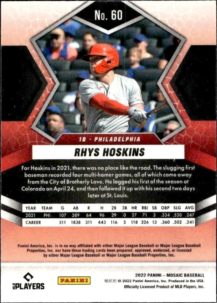 2022 Panini Mosaic Rhys Hoskins #60 baseball trading card back