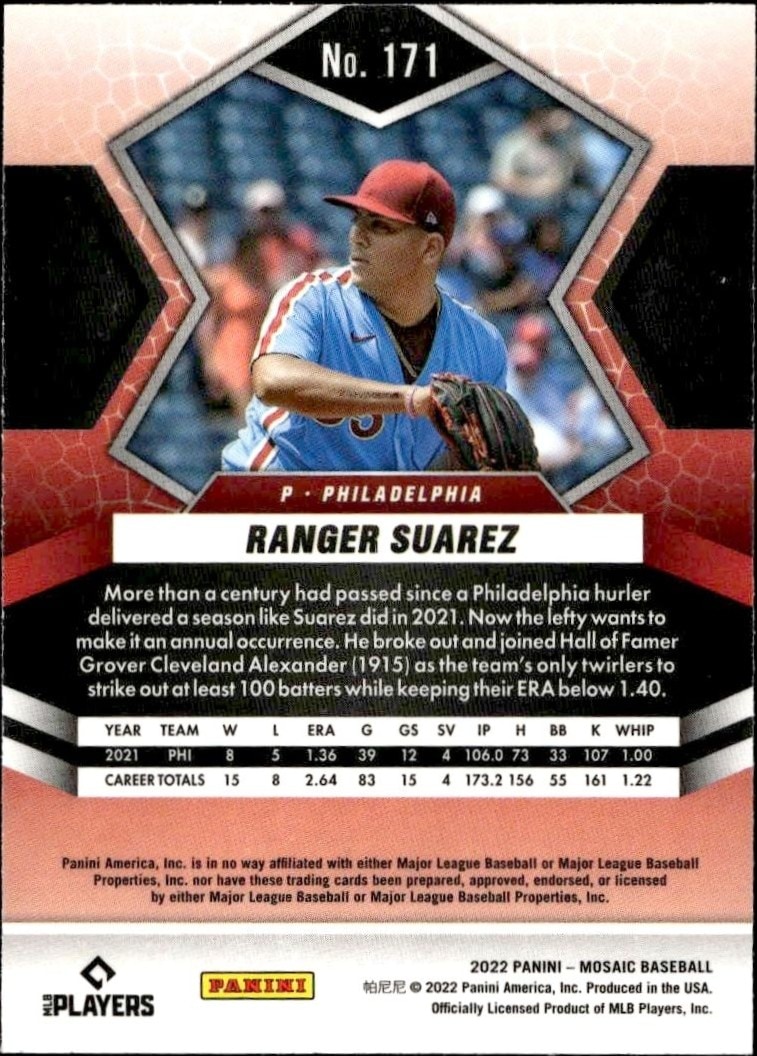 2022 Panini Mosaic Ranger Suarez #171 baseball trading card back