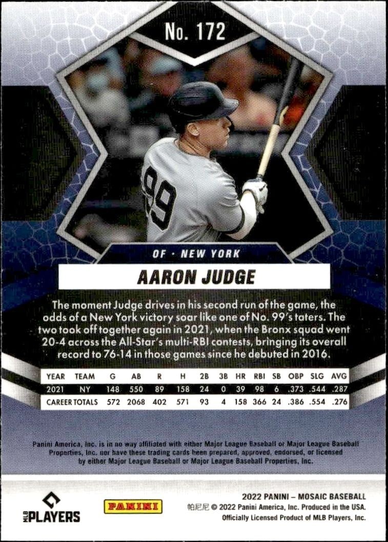 2022 Panini Mosaic Aaron Judge #172 baseball trading card back