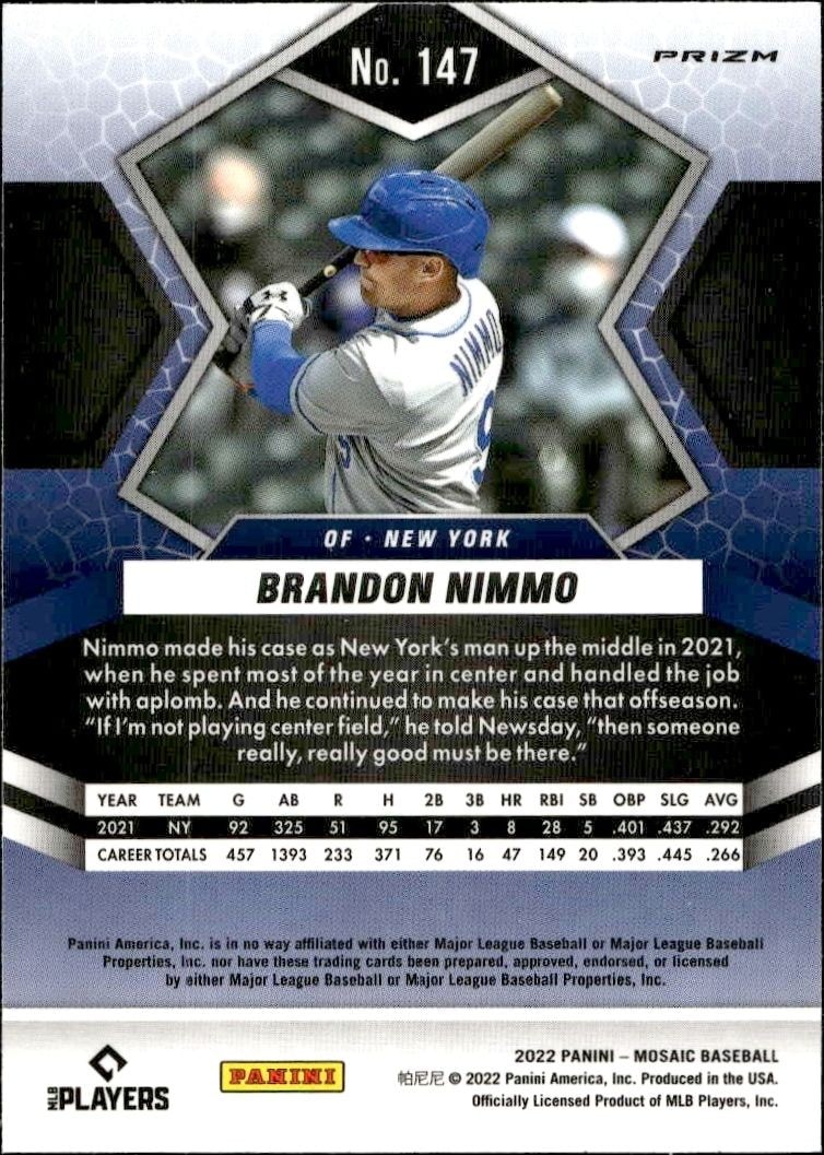2022 Panini Mosaic Brandon Nimmo #147 baseball trading card back