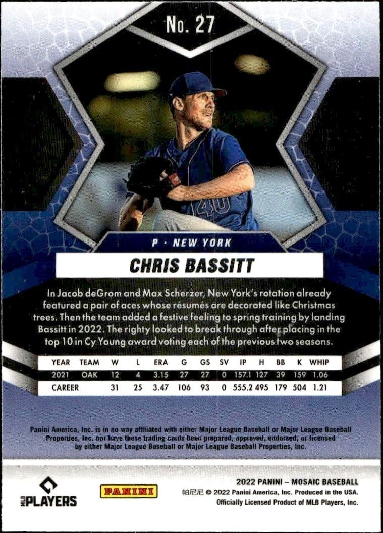 2022 Panini Mosaic Chris Bassitt #27 baseball trading card back