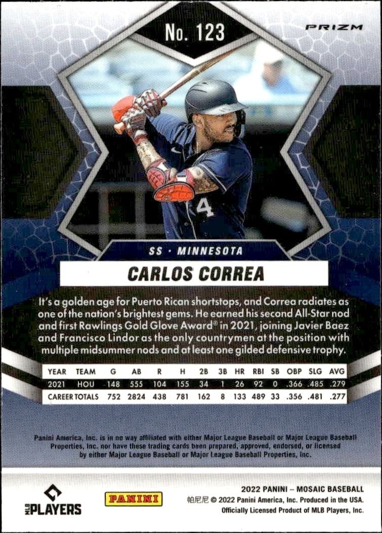 2022 Panini Mosaic Carlos Correa #123 baseball trading card back