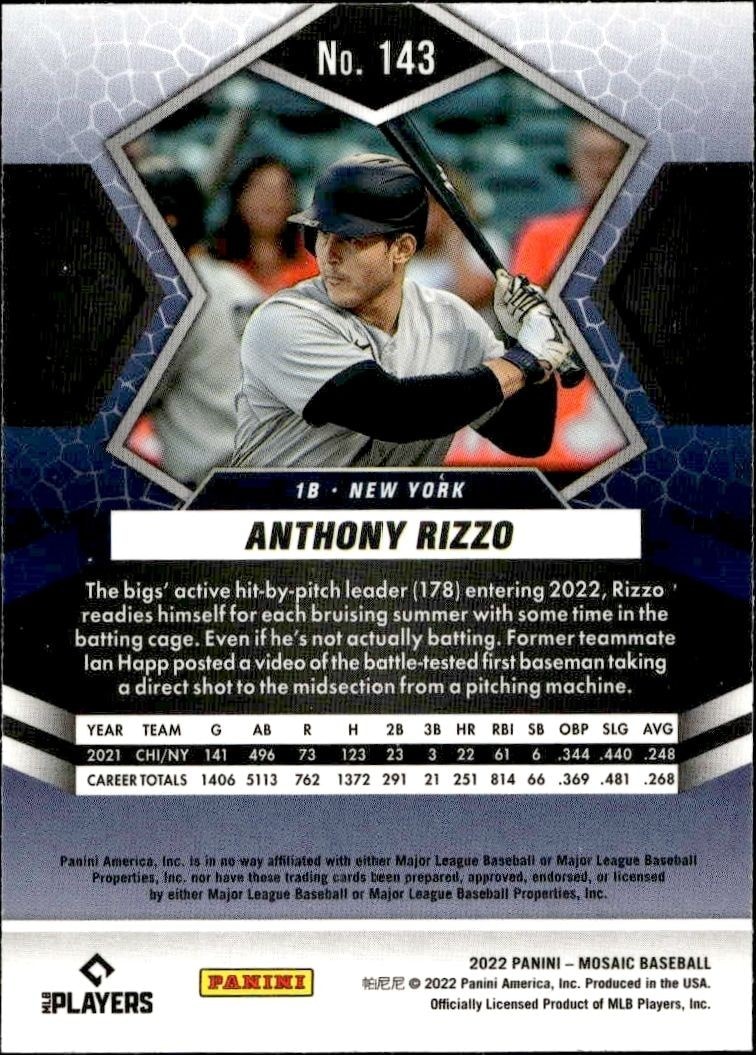 2022 Panini Mosaic Anthony Rizzo #143 baseball trading card back