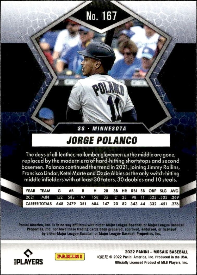 2022 Panini Mosaic Jorge Polanco #167 baseball trading card back
