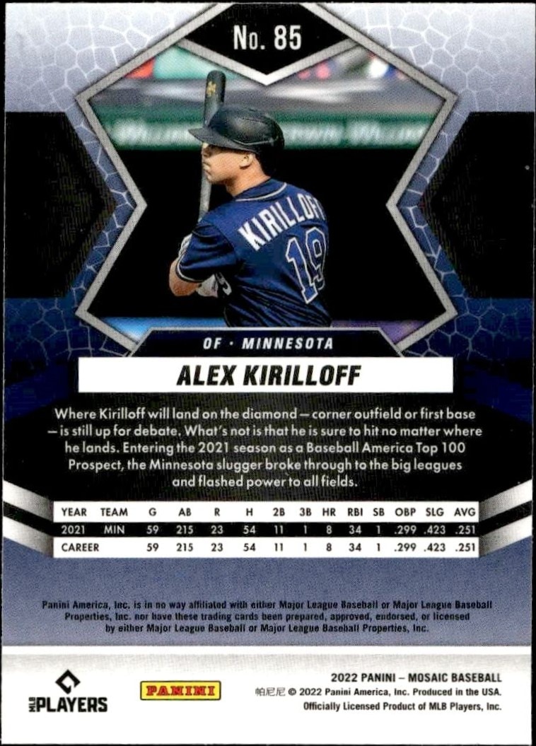 2022 Panini Mosaic Alex Kirilloff #85 baseball trading card back