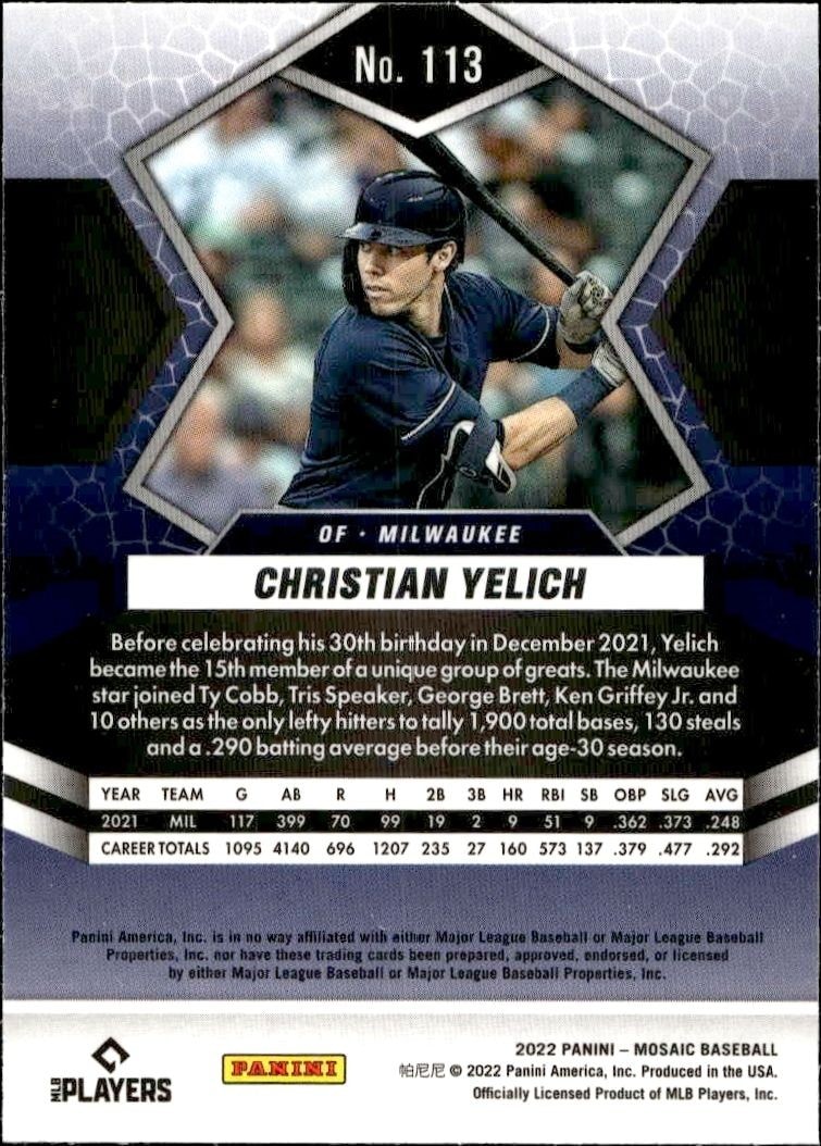 2022 Panini Mosaic Christian Yelich #113 baseball trading card back